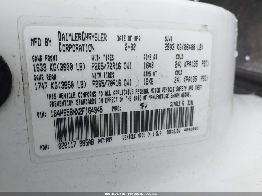 2002 Dodge Durango Slt Plus VIN: 1B4HS58NX2F164945 Lot: 43697116