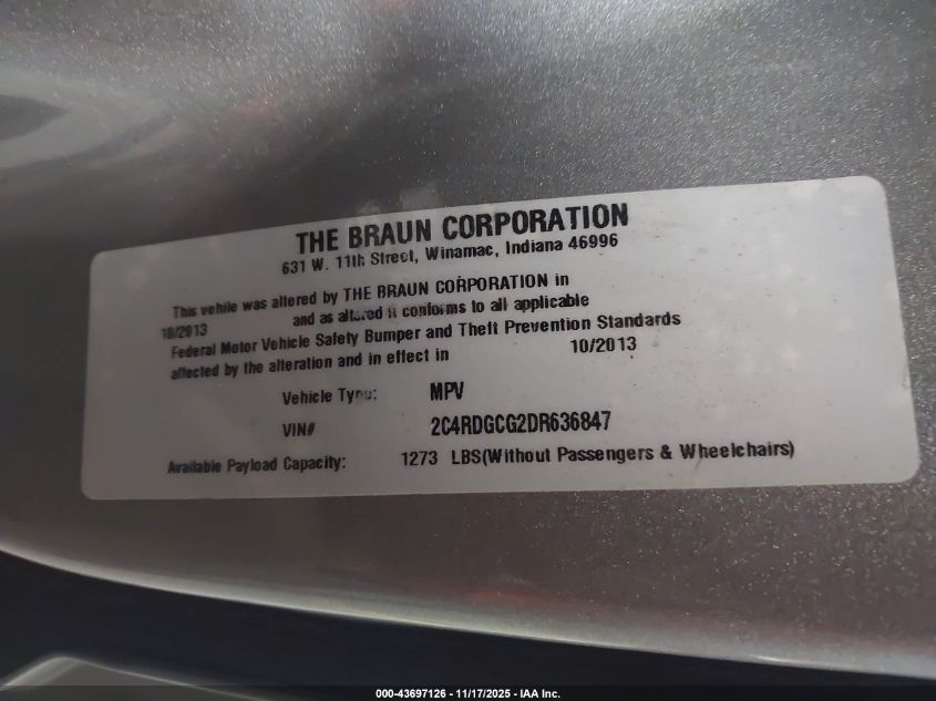 2013 Dodge Grand Caravan Sxt VIN: 2C4RDGCG2DR636847 Lot: 43697126