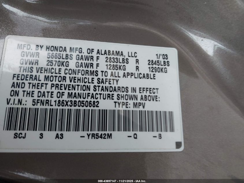 2003 Honda Odyssey Ex VIN: 5FNRL186X3B050682 Lot: 43697147