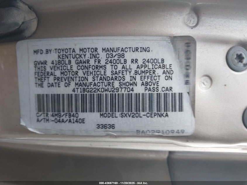 4T1BG22K0WU297704 1998 TOYOTA CAMRY photo no. 9
