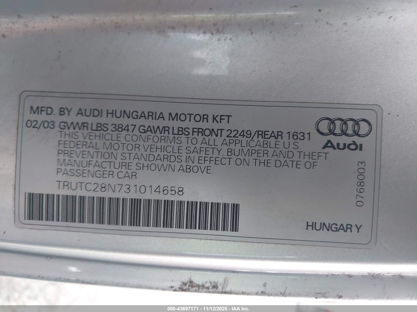 2003 Audi Tt 1.8L VIN: TRUTC28N731014658 Lot: 43697171