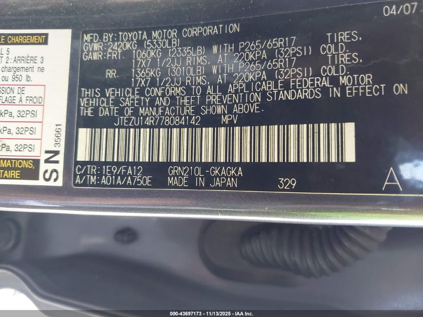 2007 Toyota 4Runner Sr5 V6 VIN: JTEZU14R778084142 Lot: 43697173