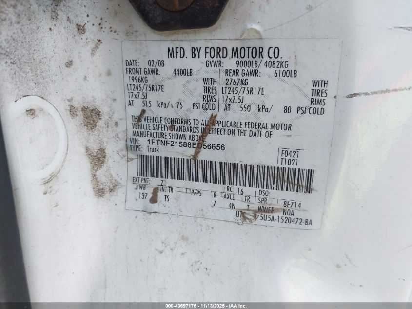 2008 Ford F-250 Xl/Xlt VIN: 1FTNF21588ED56656 Lot: 43697176