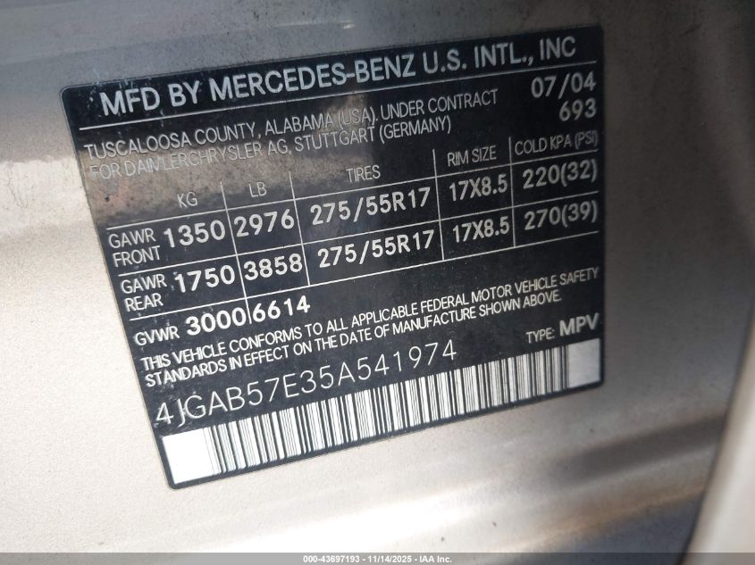 2005 Mercedes-Benz Ml 350 4Matic VIN: 4JGAB57E35A541974 Lot: 43697193