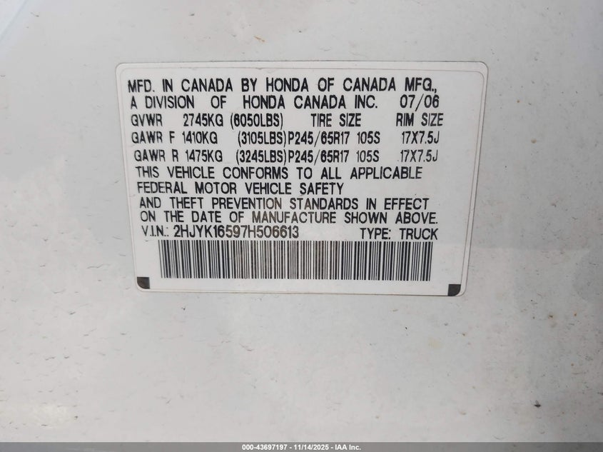 2007 Honda Ridgeline Rtl VIN: 2HJYK16597H506613 Lot: 43697197