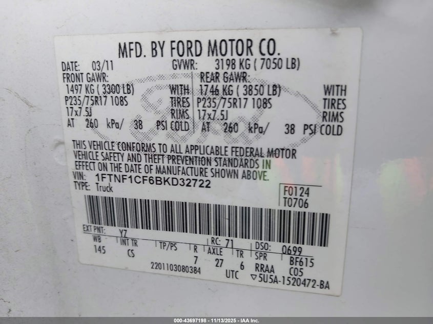1FTNF1CF6BKD32722 2011 FORD F-150 photo no. 9