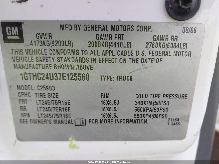 2007 GMC Sierra 2500Hd Classic Work Truck VIN: 1GTHC24U37E125560 Lot: 43697203