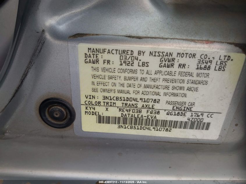 2004 Nissan Sentra 1.8S VIN: 3N1CB51D04L910782 Lot: 43697213