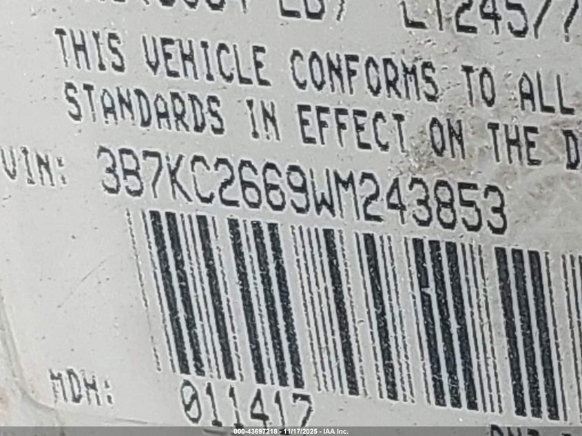 1998 Dodge Ram 2500 St VIN: 3B7KC2669WM243853 Lot: 43697218