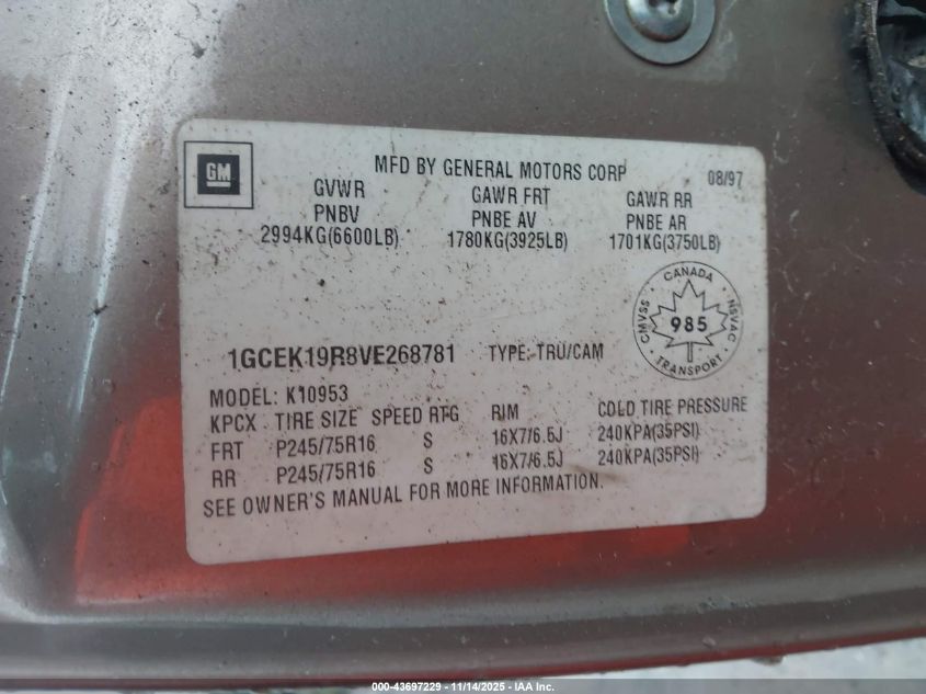 1997 Chevrolet K1500 Fleetside/Sportside VIN: 1GCEK19R8VE268781 Lot: 43697229