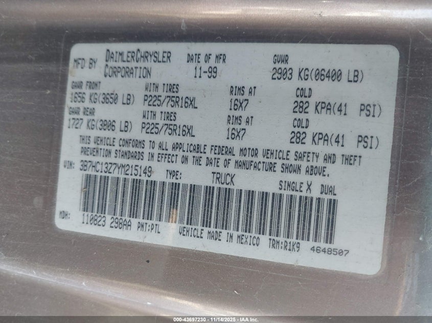 2000 Dodge Ram 1500 St VIN: 3B7HC13Z7YM215149 Lot: 43697230
