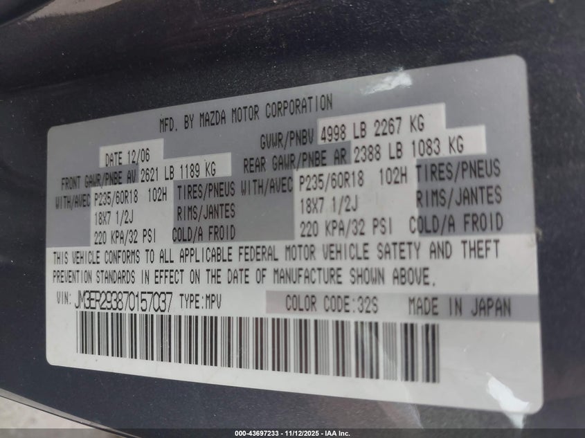 2007 Mazda Cx-7 Sport VIN: JM3ER293870157037 Lot: 43697233