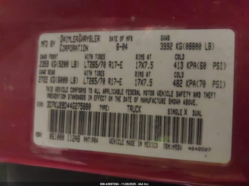 2004 Dodge Ram 2500 Slt/Laramie VIN: 3D7KU28D44G275880 Lot: 43697264