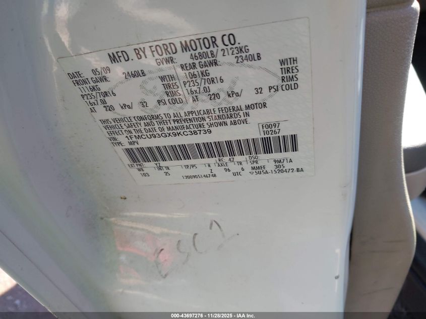 2009 Ford Escape Xlt VIN: 1FMCU93GX9KC38739 Lot: 43697276