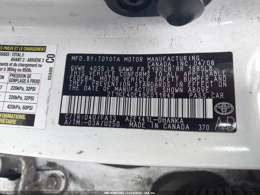 2009 Toyota Matrix S VIN: 2T1KE40E49C011843 Lot: 43697293