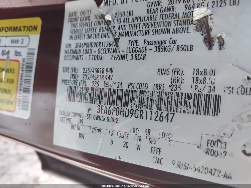 2016 Ford Fusion Se VIN: 3FA6P0HD9GR112647 Lot: 43697302