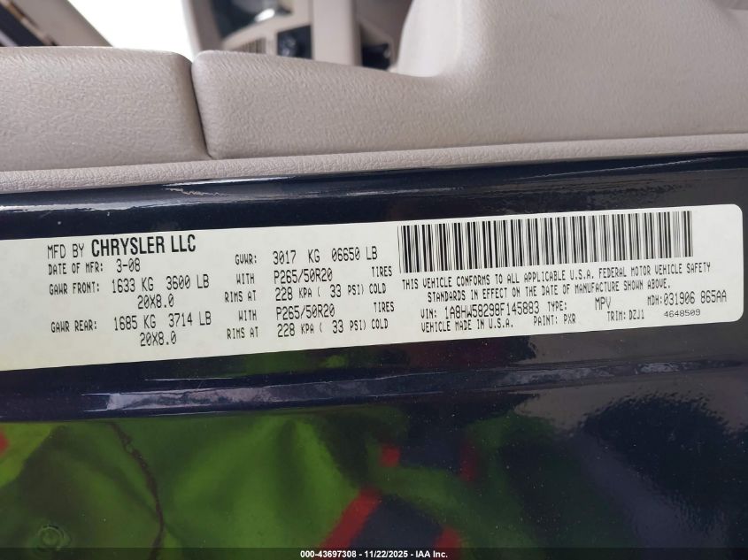 2008 Chrysler Aspen Limited VIN: 1A8HW58298F145883 Lot: 43697308