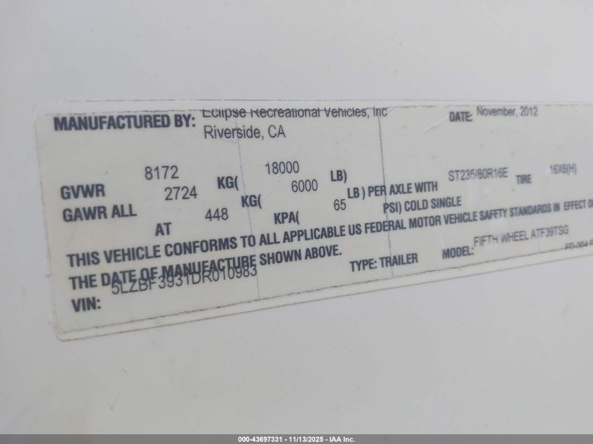 2013 Eclipse Attitude VIN: 5LZBF3931DR010983 Lot: 43697331