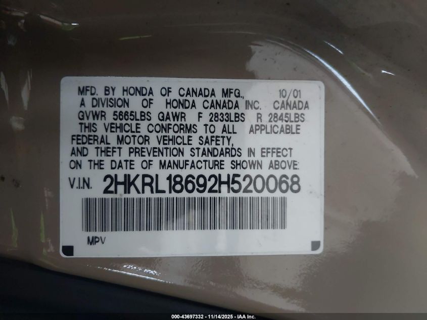2002 Honda Odyssey Ex VIN: 2HKRL18692H520068 Lot: 43697332