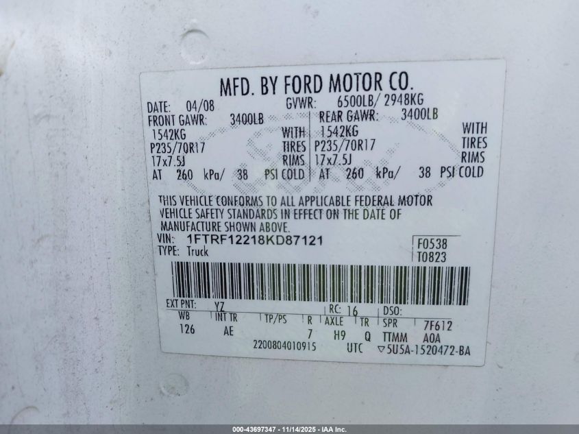 2008 Ford F-150 Stx/Xl/Xlt VIN: 1FTRF12218KD87121 Lot: 43697347