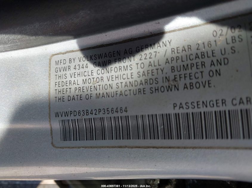 2002 Volkswagen Passat Gls VIN: WVWPD63B42P356464 Lot: 43697361