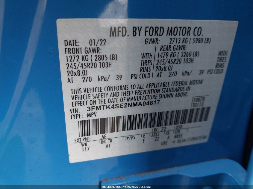 2022 Ford Mustang Mach-E Gt VIN: 3FMTK4SE2NMA04817 Lot: 43697365