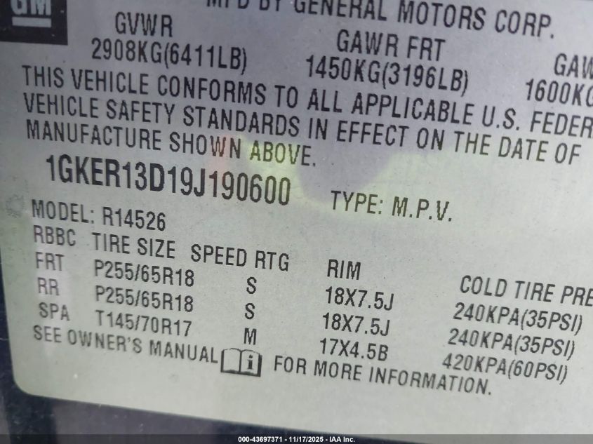 2009 GMC Acadia Sle-1 VIN: 1GKER13D19J190600 Lot: 43697371