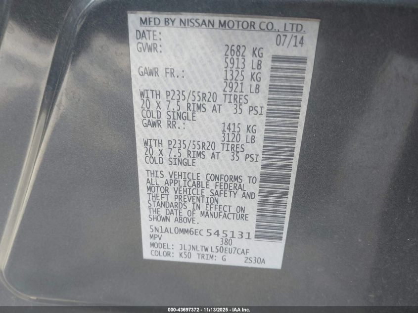 2014 Infiniti Qx60 VIN: 5N1AL0MM6EC545131 Lot: 43697372