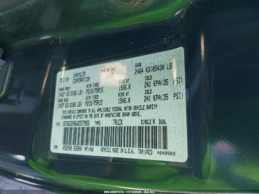 1998 Dodge Dakota Slt/Sport VIN: 1B7GG22X6WS557993 Lot: 43697374