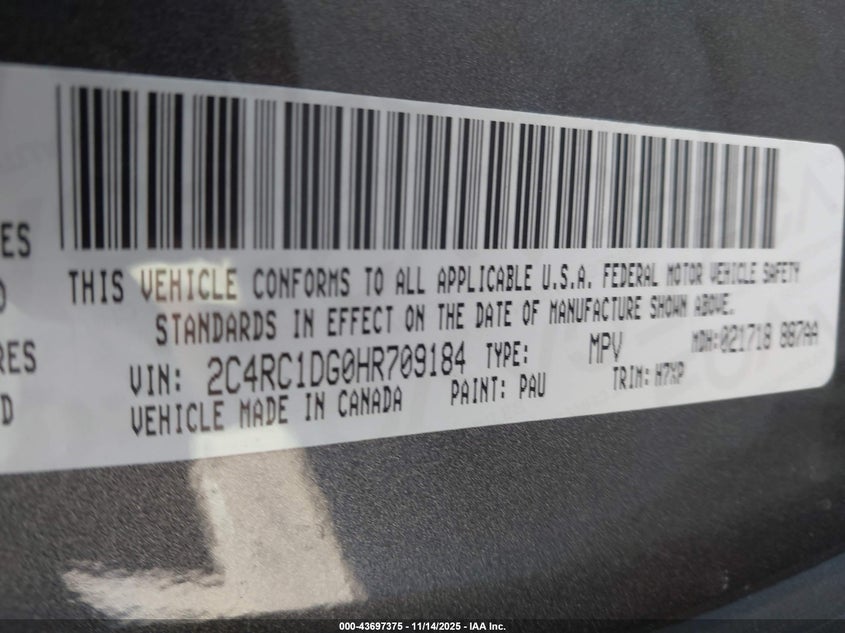 2017 Chrysler Pacifica Touring VIN: 2C4RC1DG0HR709184 Lot: 43697375