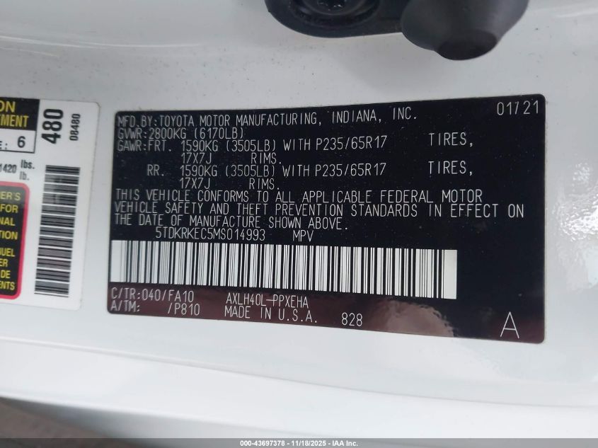 2021 Toyota Sienna Le VIN: 5TDKRKEC5MS014993 Lot: 43697378