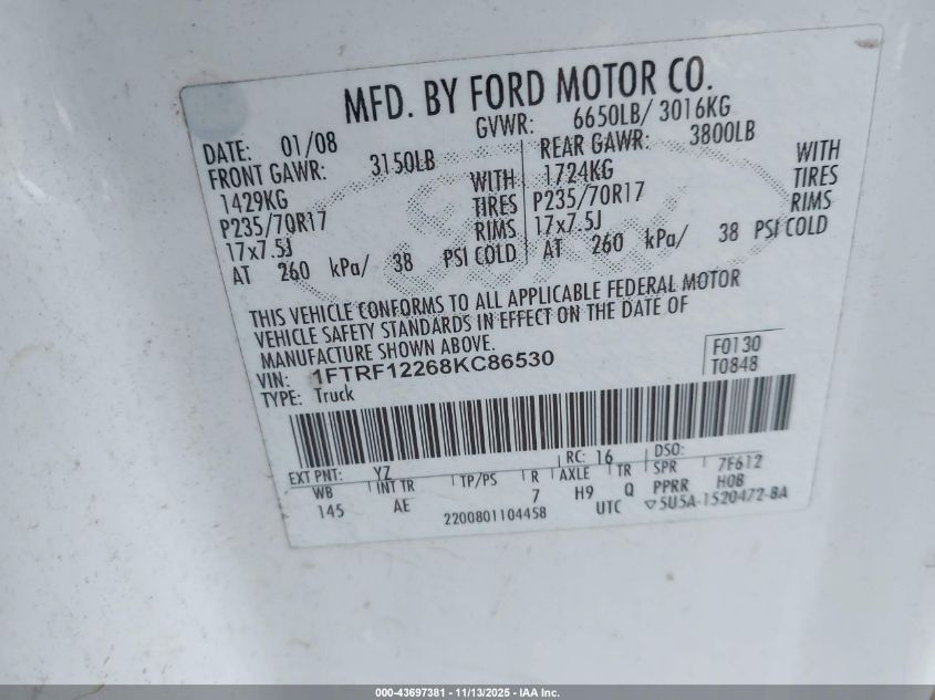 2008 Ford F-150 Stx/Xl/Xlt VIN: 1FTRF12268KC86530 Lot: 43697381