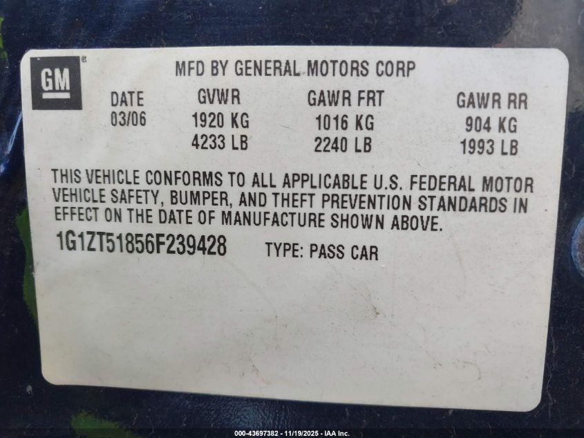 2006 Chevrolet Malibu Lt VIN: 1G1ZT51856F239428 Lot: 43697382