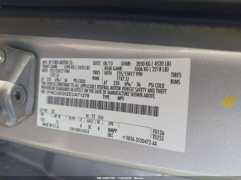 2014 Ford Escape Se VIN: 1FMCU0GX2EUA71278 Lot: 43697385