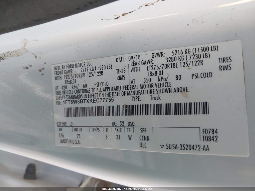 2019 Ford F-350 Xlt VIN: 1FT8W3BTXKEC77755 Lot: 43697387