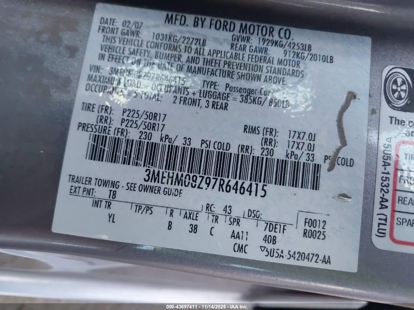 2007 Mercury Milan I4 Premier VIN: 3MEHM08Z97R646415 Lot: 43697411