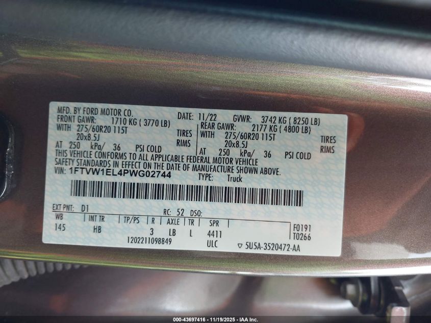 2023 Ford F-150 Lightning Lariat VIN: 1FTVW1EL4PWG02744 Lot: 43697416