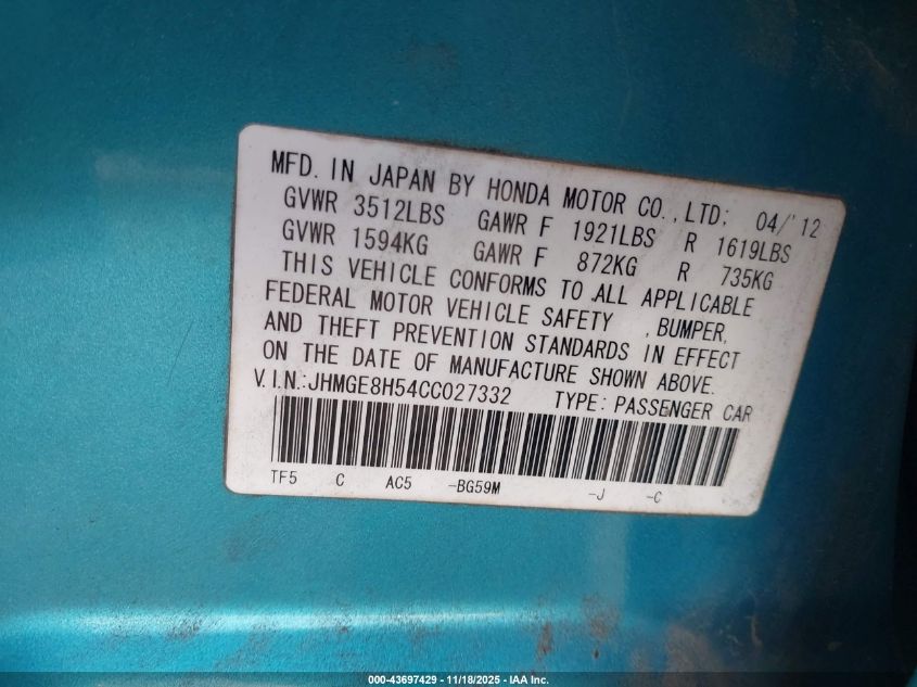 2012 Honda Fit Sport VIN: JHMGE8H54CC027332 Lot: 43697429