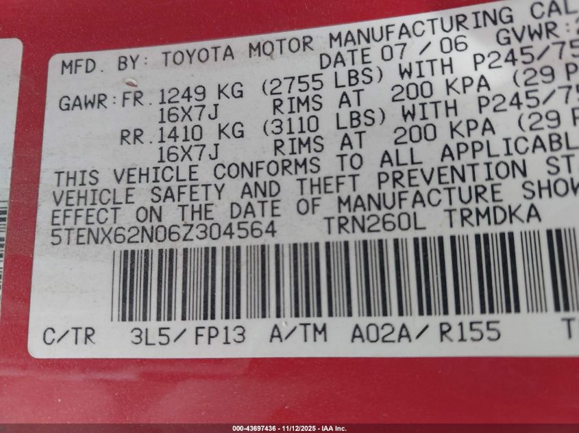 2006 Toyota Tacoma Prerunner VIN: 5TENX62N06Z304564 Lot: 43697436