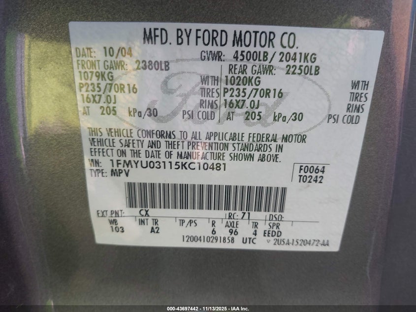 2005 Ford Escape Xlt VIN: 1FMYU03115KC10481 Lot: 43697442