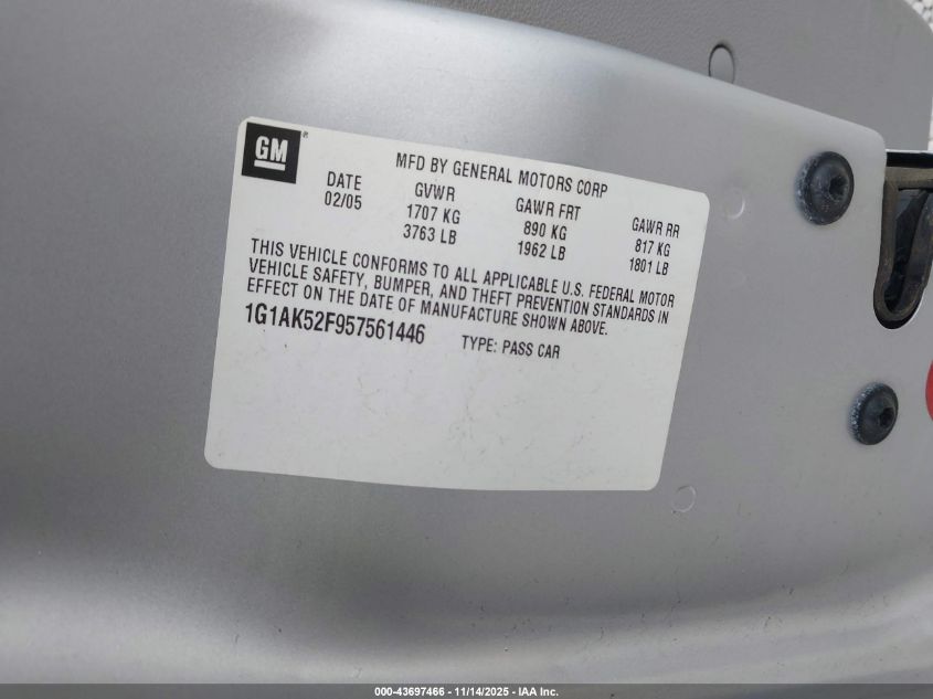 2005 Chevrolet Cobalt VIN: 1G1AK52F957561446 Lot: 43697466