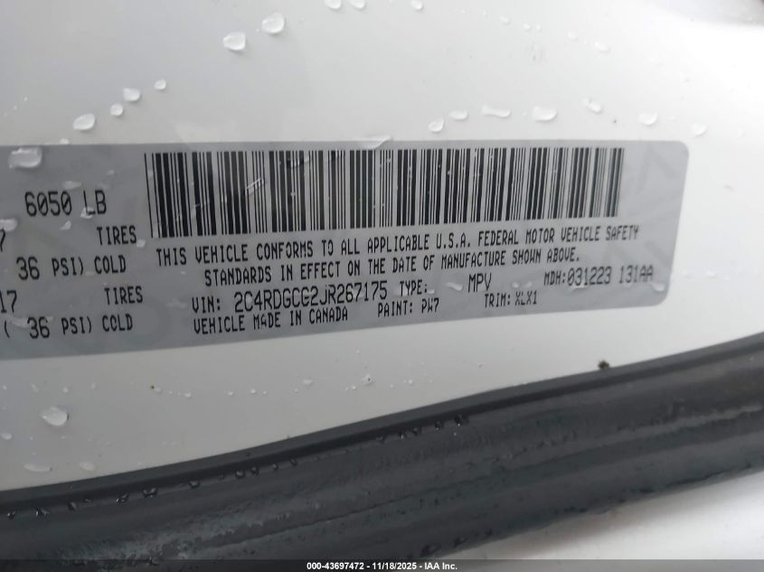 2018 Dodge Grand Caravan Sxt VIN: 2C4RDGCG2JR267175 Lot: 43697472