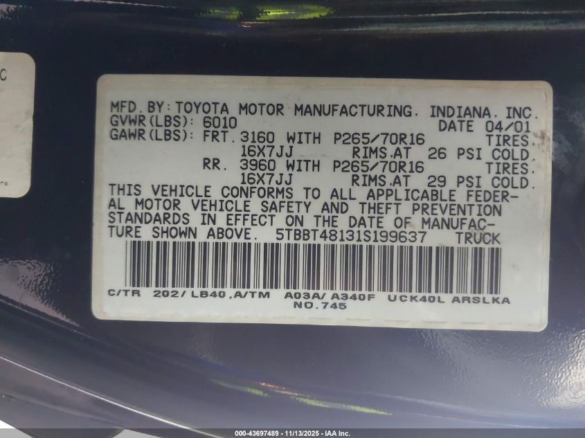 2001 Toyota Tundra Ltd V8 VIN: 5TBBT48131S199637 Lot: 43697489
