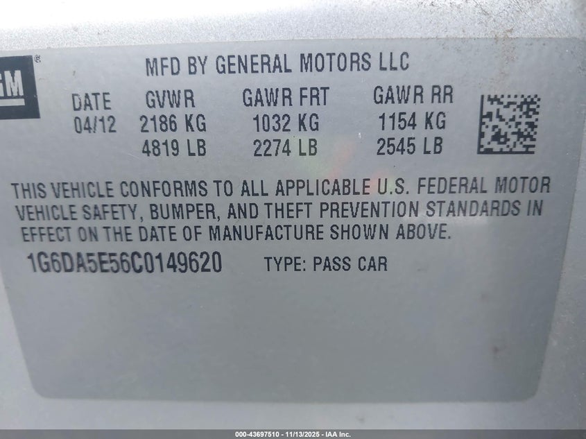 2012 Cadillac Cts Standard VIN: 1G6DA5E56C0149620 Lot: 43697510