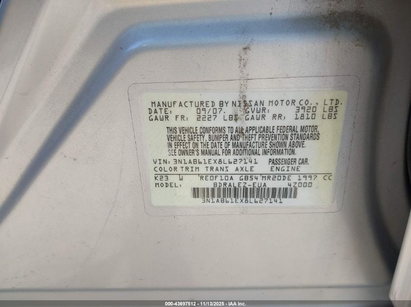 2008 Nissan Sentra 2.0S VIN: 3N1AB61EX8L627141 Lot: 43697512