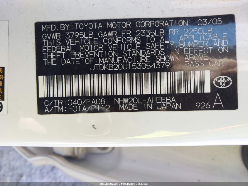 2005 Toyota Prius VIN: JTDKB20U153054379 Lot: 43697526