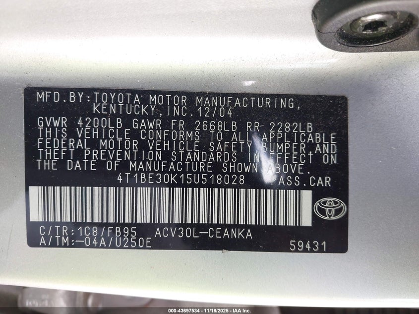 4T1BE30K15U518028 2005 TOYOTA CAMRY photo no. 9