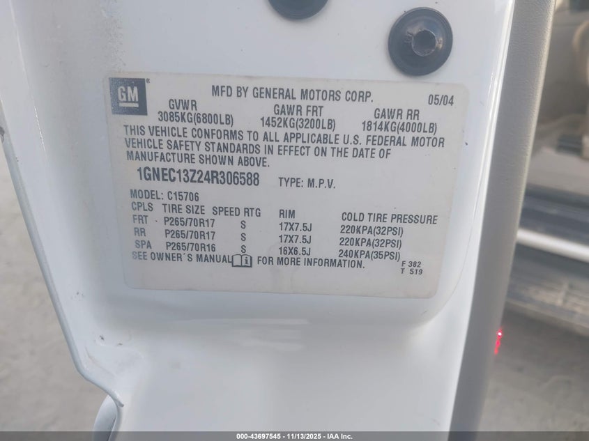 2004 Chevrolet Tahoe Lt VIN: 1GNEC13Z24R306588 Lot: 43697545