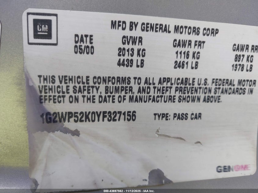 2000 Pontiac Grand Prix Gt VIN: 1G2WP52K0YF327156 Lot: 43697562