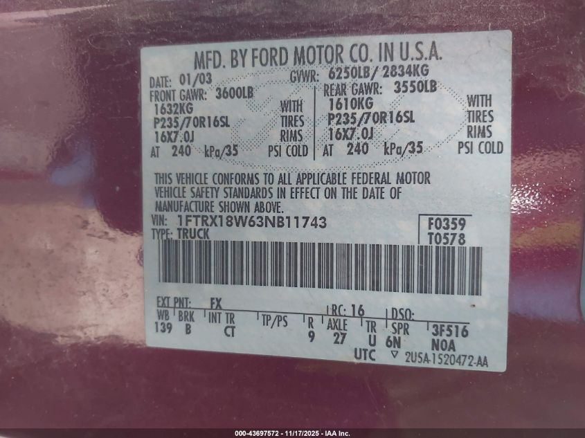 2003 Ford F-150 Lariat/Xl/Xlt VIN: 1FTRX18W63NB11743 Lot: 43697572